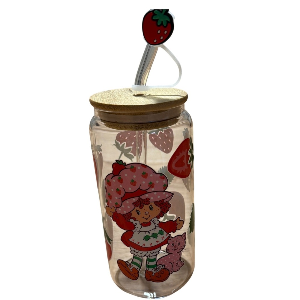 Strawberry Shortcake Glass Tumbler Kids Adults 16oz Clear Red Bamboo Lid Straw